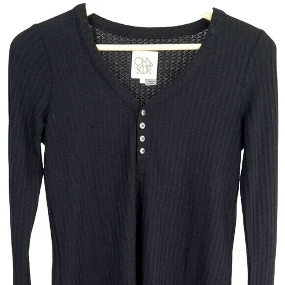Chaser Long Sleeve Henley Top Black Small V Neck Button Sleeves Pullover Waffle - Picture 2 of 7